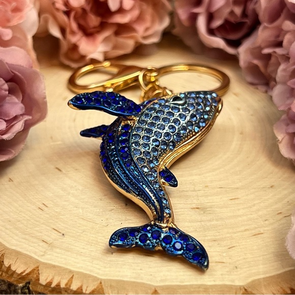 Blue and Gold Crystal Whale Keychain Charm - Picture 11 of 16